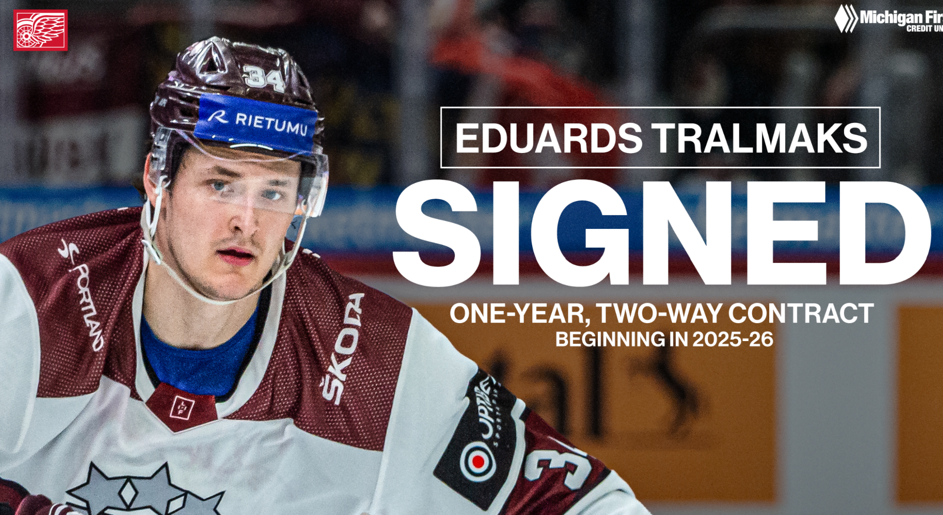 Red Wings sign forward Eduards Tralmaks to one-year, two-way contract for 2025-26 season